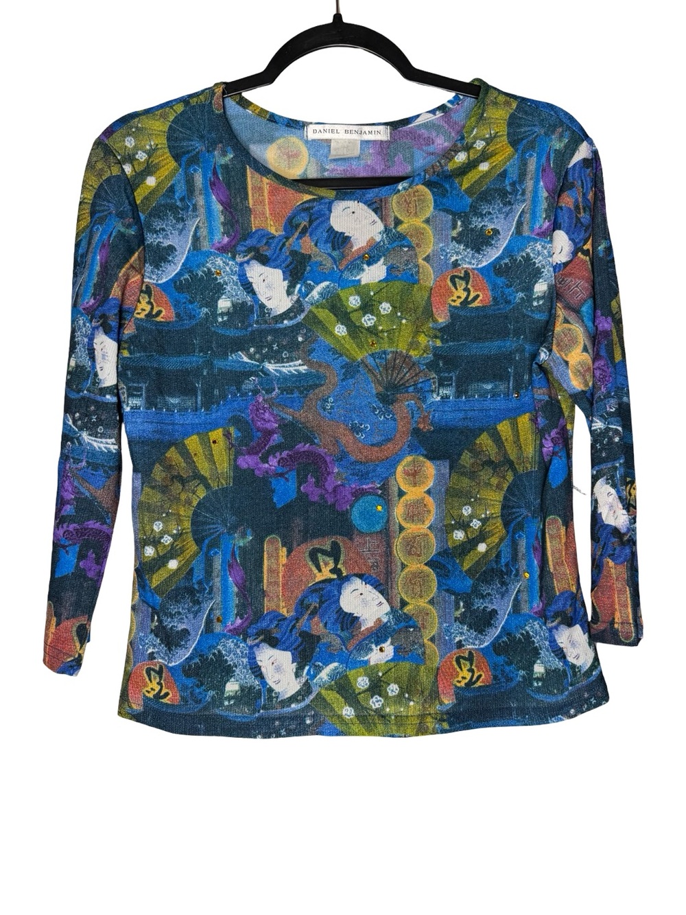 Daniel Benjamin Womens XL Geisha Japanese Art Print Top 3/4 Sleeve Made USA Y2K